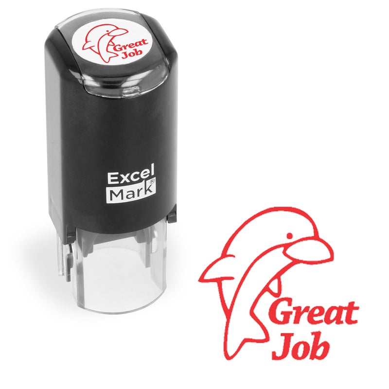 ExcelMark Round Teacher Stamp - Great Job (Dolphin) - RED Ink - Image 1
